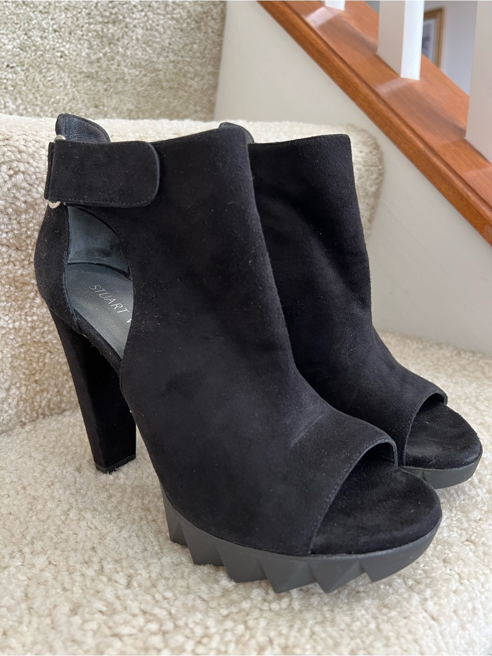 Stuart Weitzman Black Suede Peep-Toe Platform Booties with Chunky Heel, 6